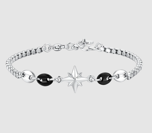Bracciale Luca Barra Uomo Acciaio Centrale Rosa dei Venti ed Elementi  Neri _BA1873