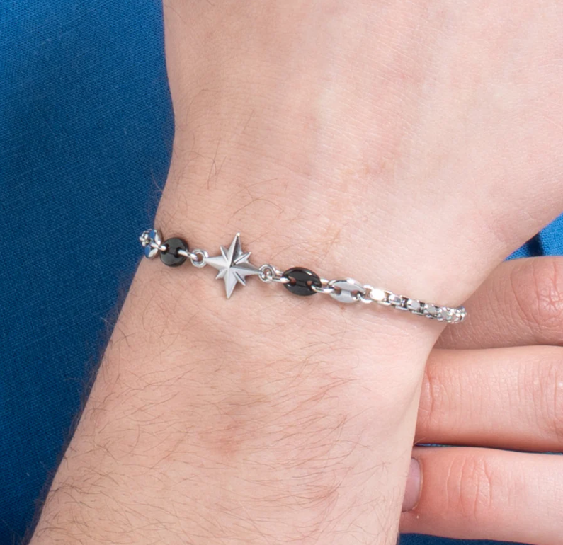 Bracciale Luca Barra Uomo Acciaio Centrale Rosa dei Venti ed Elementi  Neri _BA1873