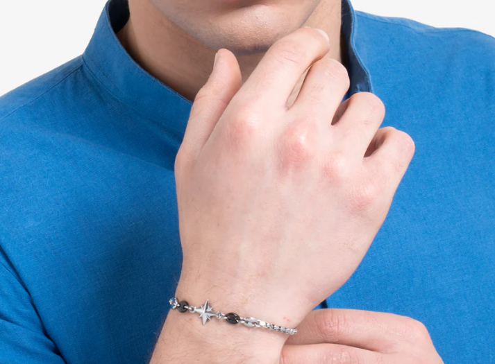 Bracciale Luca Barra Uomo Acciaio Centrale Rosa dei Venti ed Elementi  Neri _BA1873