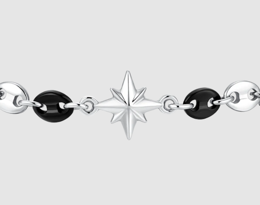Bracciale Luca Barra Uomo Acciaio Centrale Rosa dei Venti ed Elementi  Neri _BA1873