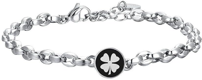 Bracciale Luca Barra Uomo Acciaio Centrale Smaltato Nero Quadrifoglio _BA1825
