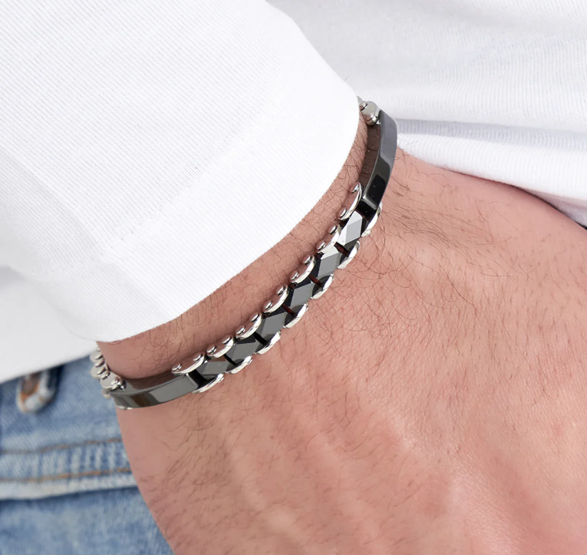 Luca Barra Herrenarmband aus Stahl und schwarzen Keramikelementen _BA1127 