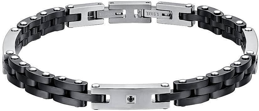 Bracciale Luca barra Uomo Acciaio Argentato Inserti Ceramica Nera Cristalli _BA1646