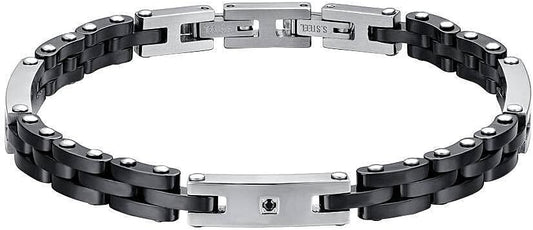 Bracciale Luca barra Uomo Acciaio Argentato Inserti Ceramica Nera Cristalli _BA1646