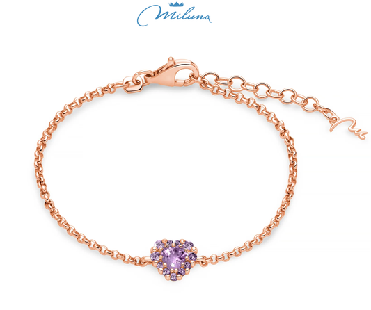 Bracciale Miluna Donna Argento 925 Placc. Oro Rosa Ametista Viola Cuore _BRD1000