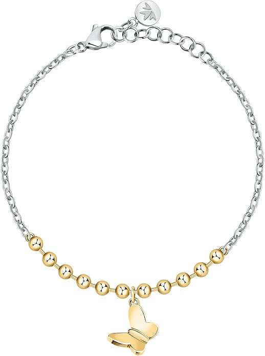 Morellato Damenarmband aus silbernem Stahl mit Kugeln und goldenem Schmetterlingsanhänger _SAUN35 