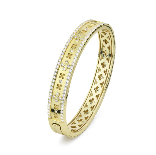 Bracciale Rigido Boccadamo Donna Bronzo Dorato Motivo Floreale e Doppia Corona di Zirconi _XB1023D