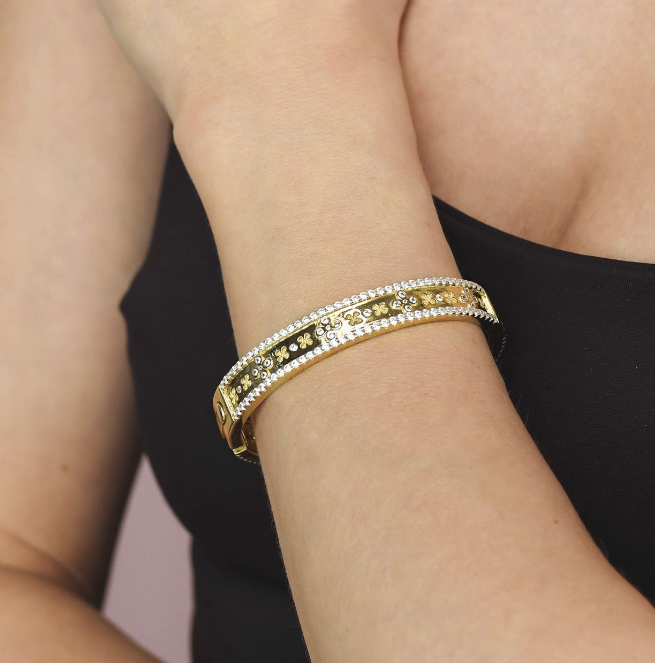 Bracciale Rigido Boccadamo Donna Bronzo Dorato Motivo Floreale e Doppia Corona di Zirconi _XB1023D