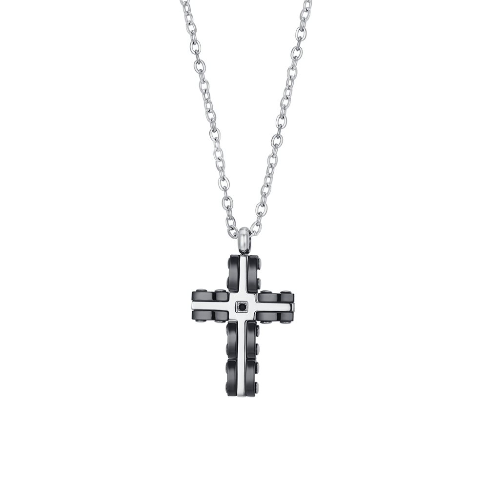 Collana Luca Barra Uomo Acciaio Croce Ceramica Nera e Zirconi _CA485