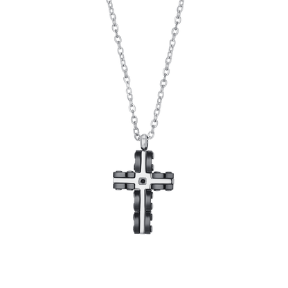 Collana Luca Barra Uomo Acciaio Croce Ceramica Nera e Zirconi _CA485