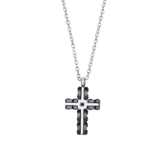 Collana Luca Barra Uomo Acciaio Croce Ceramica Nera e Zirconi _CA485