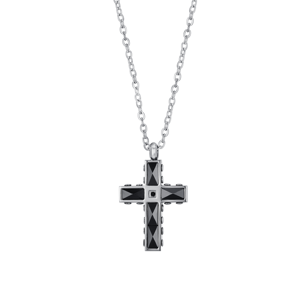 Collana Luca Barra Uomo Acciaio Croce Ceramica Nera e Zirconi _CA486