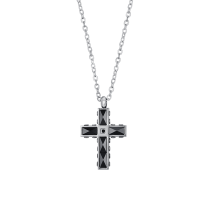 Collana Luca Barra Uomo Acciaio Croce Ceramica Nera e Zirconi _CA486