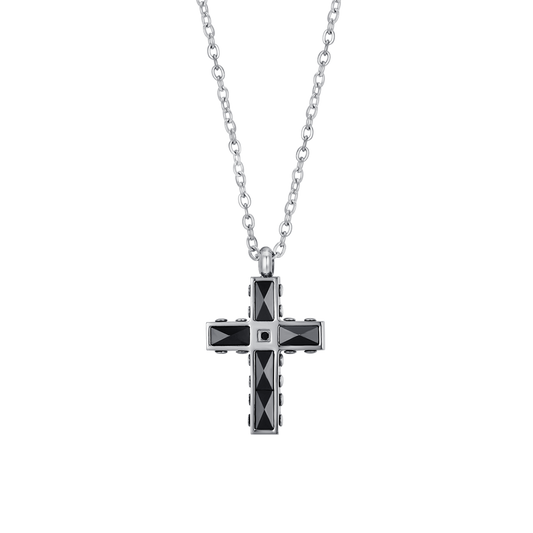 Collana Luca Barra Uomo Acciaio Croce Ceramica Nera e Zirconi _CA486