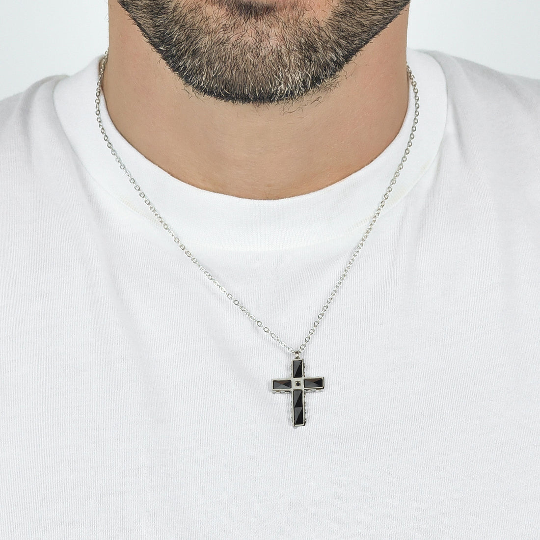 Collana Luca Barra Uomo Acciaio Croce Ceramica Nera e Zirconi _CA486