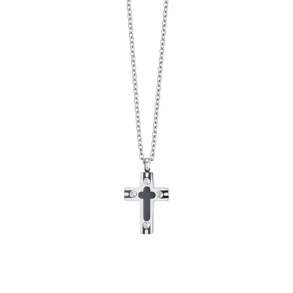 Collana Luca Barra Uomo Acciaio Croce IP Nero _CA514