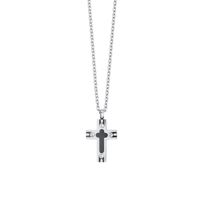 Collana Luca Barra Uomo Acciaio Croce IP Nero _CA514