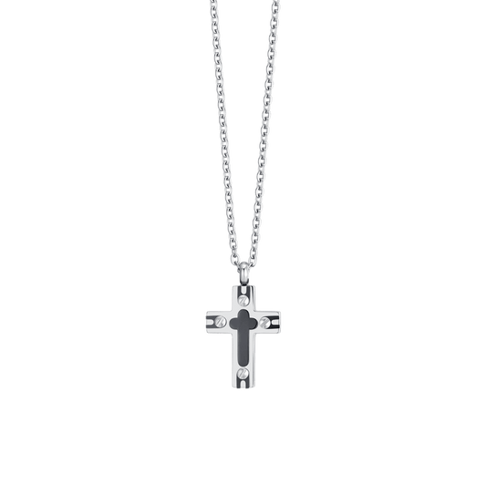 Collana Luca Barra Uomo Acciaio Croce IP Nero _CA514