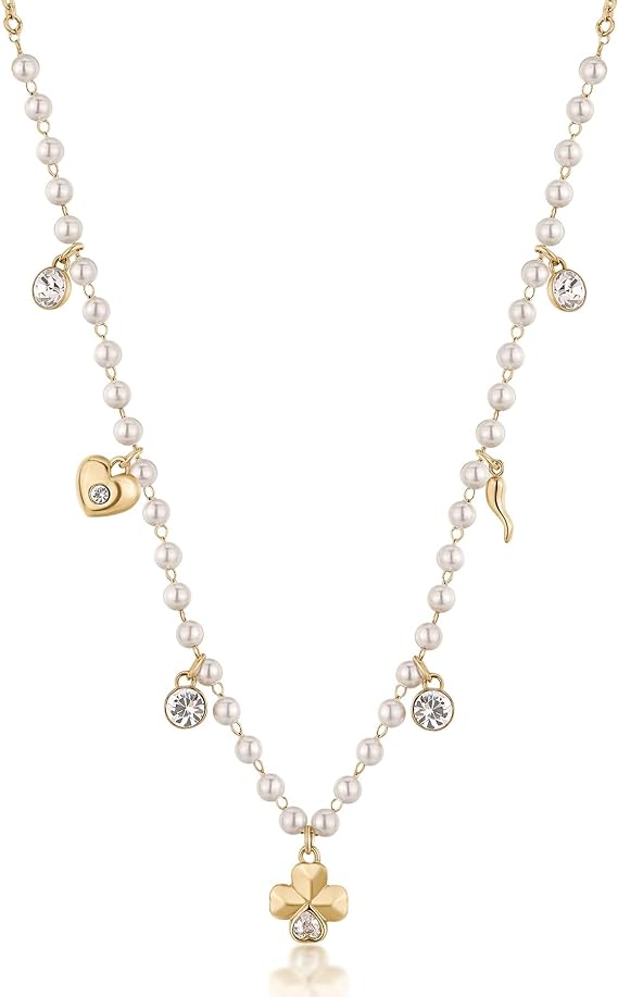 Collana Brosway Donna Acciaio Oro Perle Quadrifoglio Cuore Cornetto Cristalli Chakra BHKN130