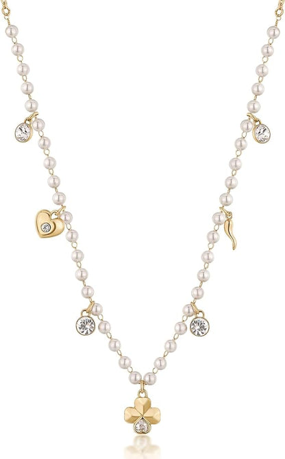 Collana Brosway Donna Acciaio Oro Perle Quadrifoglio Cuore Cornetto Cristalli Chakra BHKN130