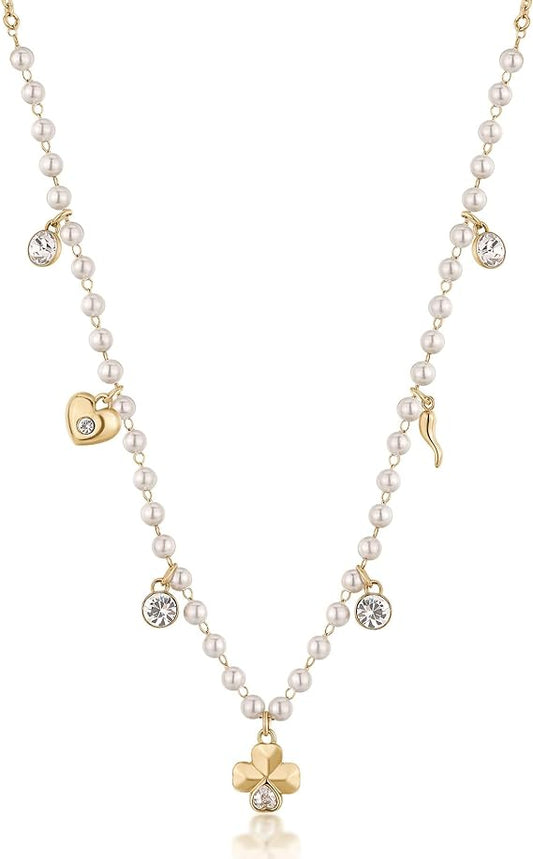 Collana Brosway Donna Acciaio Oro Perle Quadrifoglio Cuore Cornetto Cristalli Chakra BHKN130