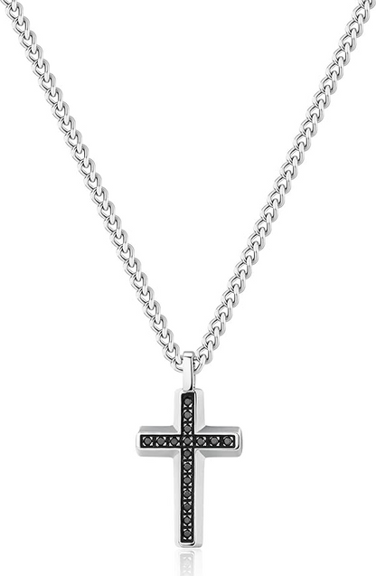 Collana Brosway Uomo Acciaio Argento Ciondolo Croce Cristalli Neri Collezione Backliner BBC01