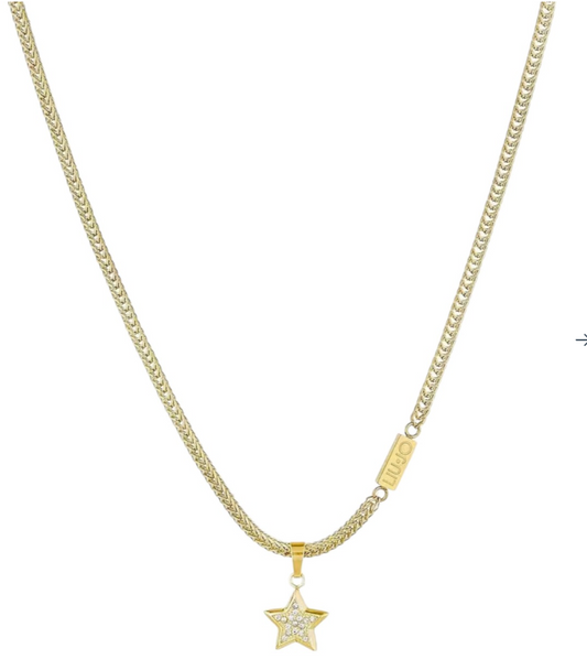 Collana Liu Jo Donna Acciaio Dorata Maglia Piatta con Ciondolo Stella e zirconi incastonati _LJ1857