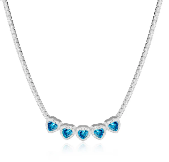 Collana Le Scritte dell'Amore Donna Argento925 Tennis Swarovski Cuore Azzurro _LSC02