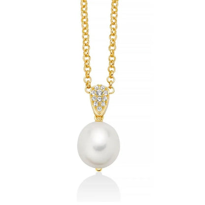 Collana Miluna Donna Argento 925 Placcatura Oro Perla Bianca 12-14 mm Topazi Bianchi _PCL6537G