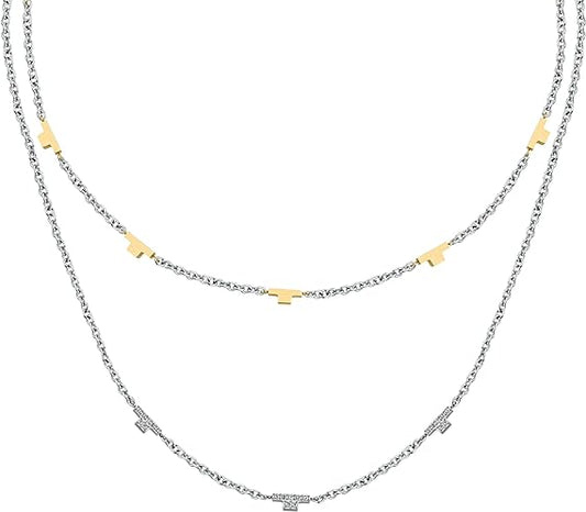 Collana Trussardi Donna Acciaio Doppio Filo  T-Logo Oro Argento Cristalli TJAXC62