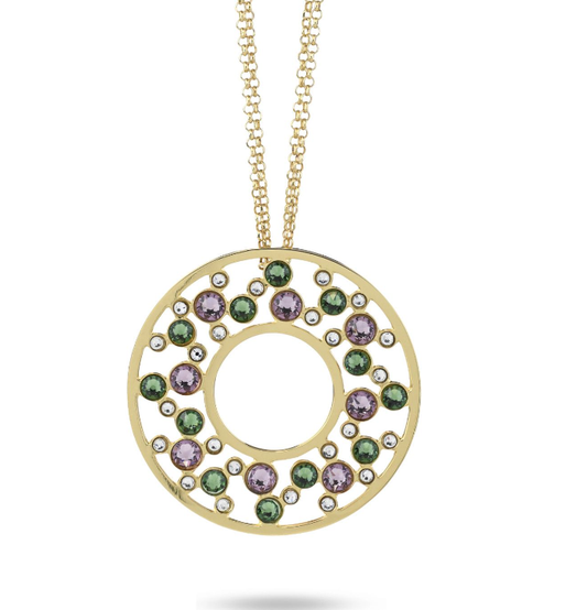 Boccadamo Damen-Halskette mit großem Kreis, Bronze, Gelbgold plattiert, mit grünem Erythrit und hellen Amethyst-Kristallen _XGR722D 