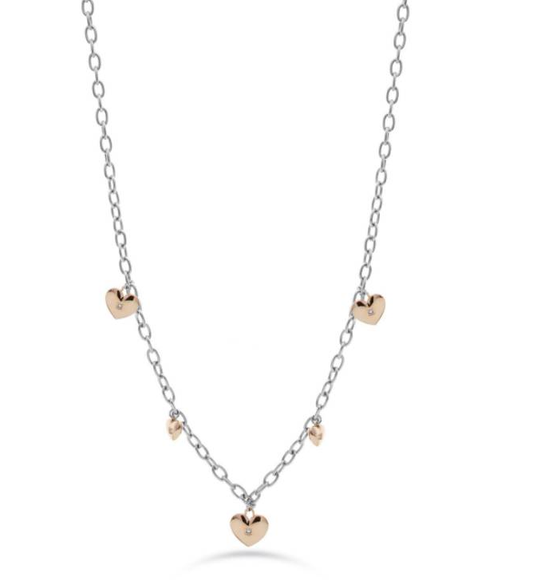 Collana LIU JO Donna Acciaio Argentata con Pendenti Cuori Color Rame e Zircone Incastonato _LJ2323