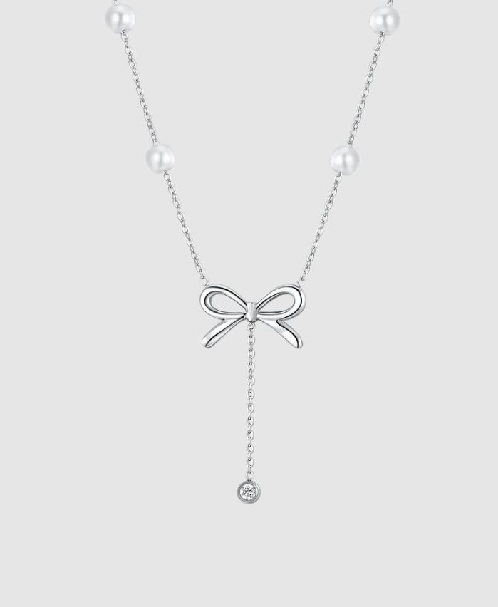 Collana Luca Barra Donna Acciaio Perle Bianche Fiocco e Cristallo Pendente _CK2063