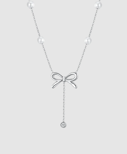 Collana Luca Barra Donna Acciaio Perle Bianche Fiocco e Cristallo Pendente _CK2063
