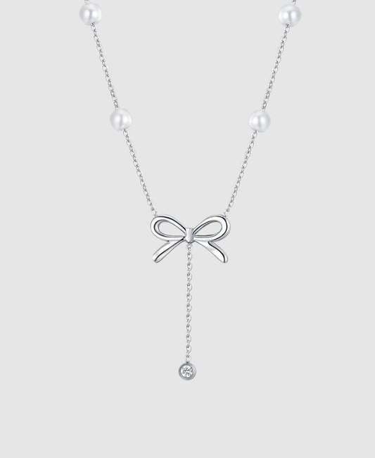 Collana Luca Barra Donna Acciaio Perle Bianche Fiocco e Cristallo Pendente _CK2063