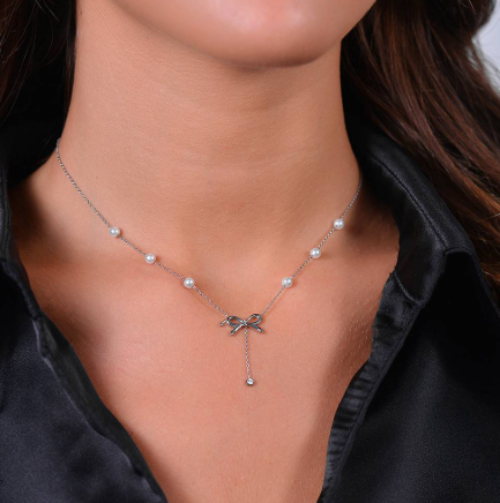 Collana Luca Barra Donna Acciaio Perle Bianche Fiocco e Cristallo Pendente _CK2063