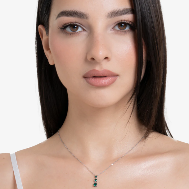 Collana Luca Barra Donna Acciaio Silver Pendente 3 Zirconi Verdi _CK2164