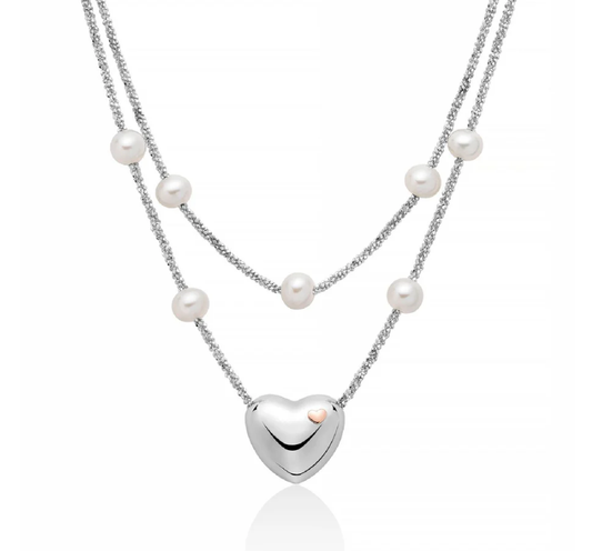 Collana Miluna Donna Argento 925 Doppio Filo Cuore Elemento Oro375 (9KT) Perle Bianche 7-7,5 mm _PCL6441