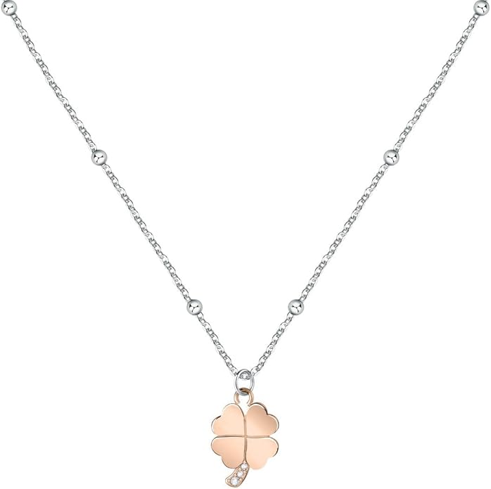 Collana Morellato Donna Acciaio Pendente Quadrifoglio Oro Rosa Cristalli _SAUY05
