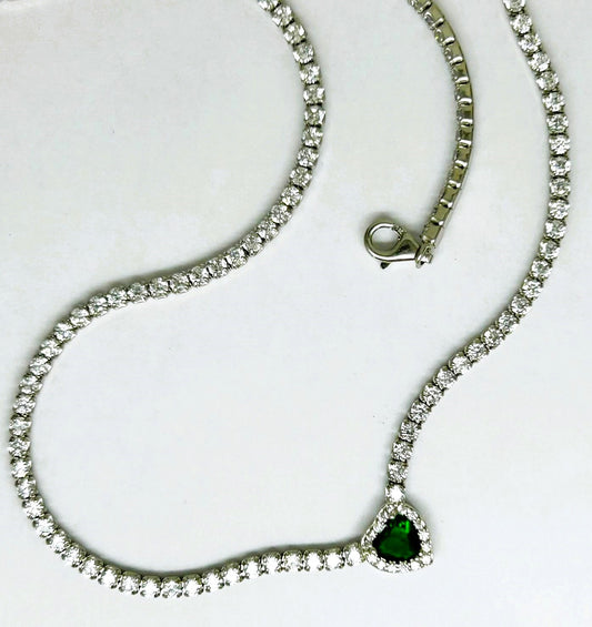 Collana Todo Jewels Donna Argento Tennis Zironi Bianchi Cuore Centrale Verde CL0801N