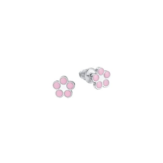 Orecchini Luca Barra Bambina Acciaio Fiore Smaltato Rosa Bianco _JO102