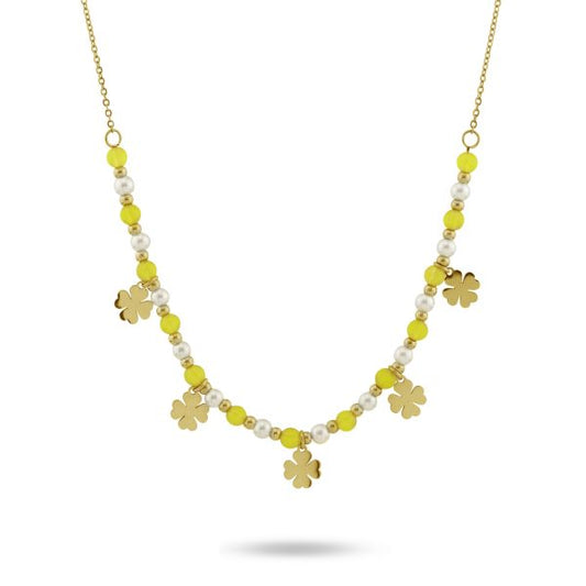 Collana Boccadamo AMY Donna Acciaio Gold Perle Sfere Verdi Quadrifogli _LM/GR12
