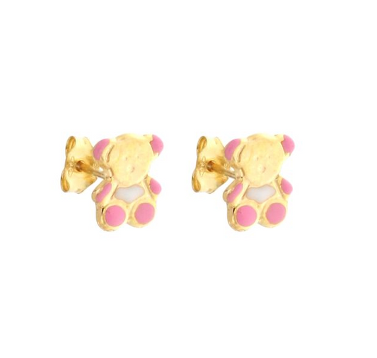 Orecchini Oro Giallo Bambina Orsetto Smalto Rosa e Bianco _OR024