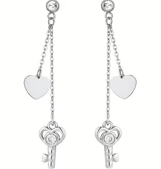 Orecchini Luca Barra Donna Acciaio Pendenti Chiavi e Cuore Cristallo Bianco _OK1384