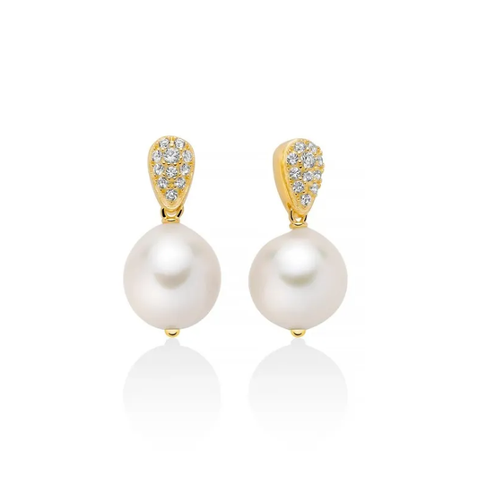 Orecchini Miluna Donna Argento 925 Gold Pendenti Perla 12-14 mm Barocca e Topazi Bianchi _PER2739G
