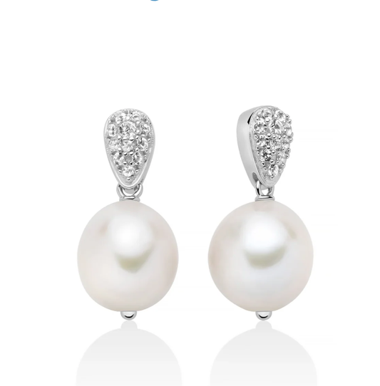 Orecchini Miluna Donna Argento 925 Pendenti Perla 12-14 mm Barocca e Topazi Bianchi _PER2739B
