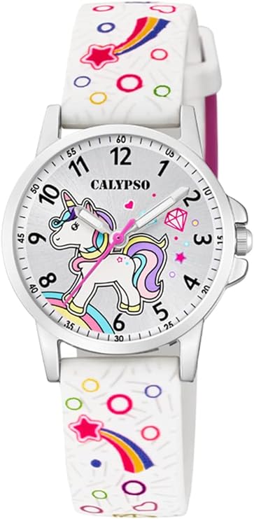 CALYPSO Mädchenuhr, Stahl, nur Zeitanzeige, mehrfarbiges Kautschukarmband, Einhorn-Zifferblatt _K5776-4 