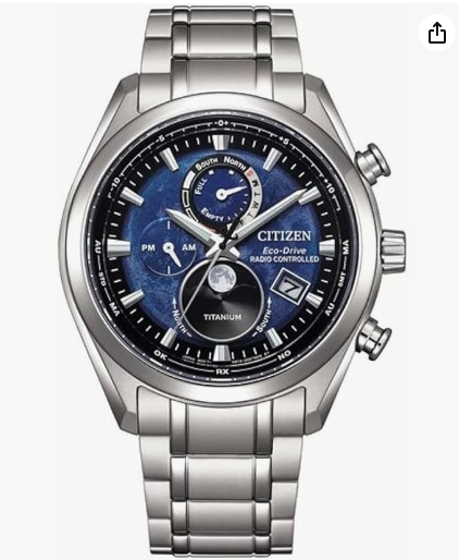 Orologio Citizen Tsuki-yomi Moon Phase Uomo Titanio Silver Blu Eco Drive Radio Controlled _BY1010-81L