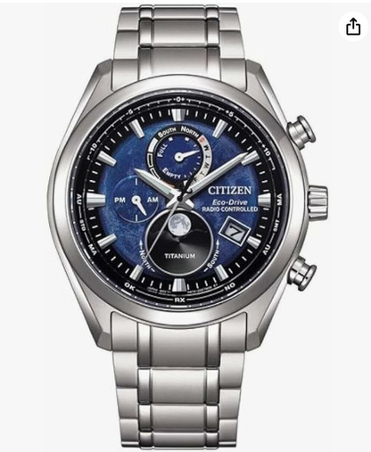 Orologio Citizen Tsuki-yomi Moon Phase Uomo Titanio Silver Blu Eco Drive Radio Controlled _BY1010-81L