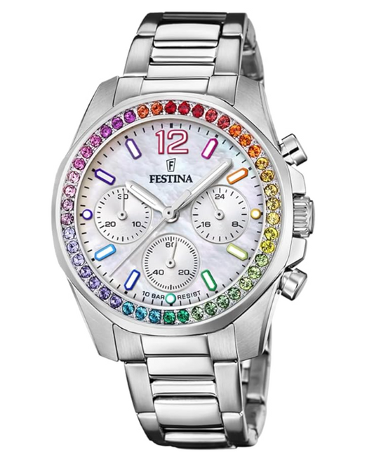 Orologio Festina Donna Acciaio Cronografo Quadrante Madreperla Lunetta Cristalli Multicolor _F20606-2